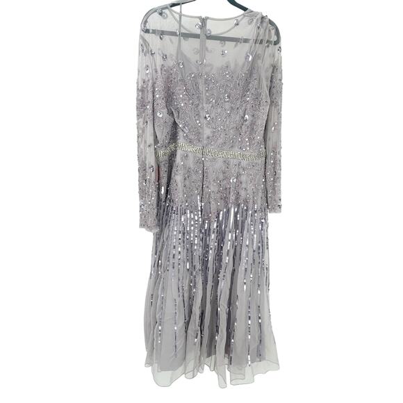 Mac Duggal Mesh Sequin Long Sleeve Belted Tea Dress Vintage Lilac Size 18 NWT - Picture 10 of 13